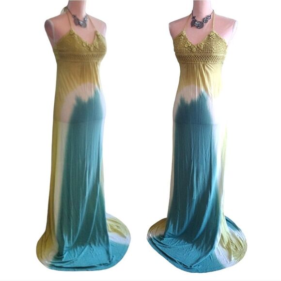 Y2K Yellow Green Tie Dye Viscose Embroidered Halter Maxi Dress Medium - Picture 7 of 16